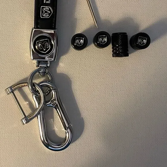 Dodge Logo Key Fob Keychain in Black Leather and Valve Stem Caps in Black NWT - Picture 4 of 5